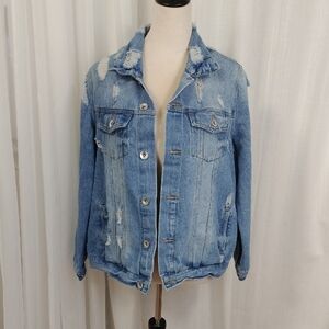 2/$30 Cavalini Distressed Blue Soft Womens Denim Jacket Size M Grunge Streetwear